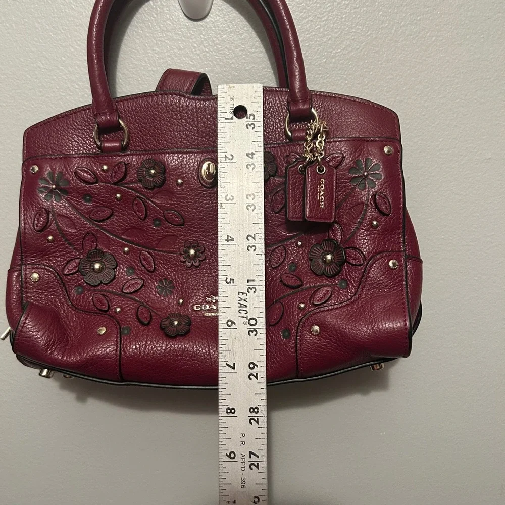 Coach Burgundy Pebbled Leather Floral Applique Satchel Handbag Gold Willow 38376